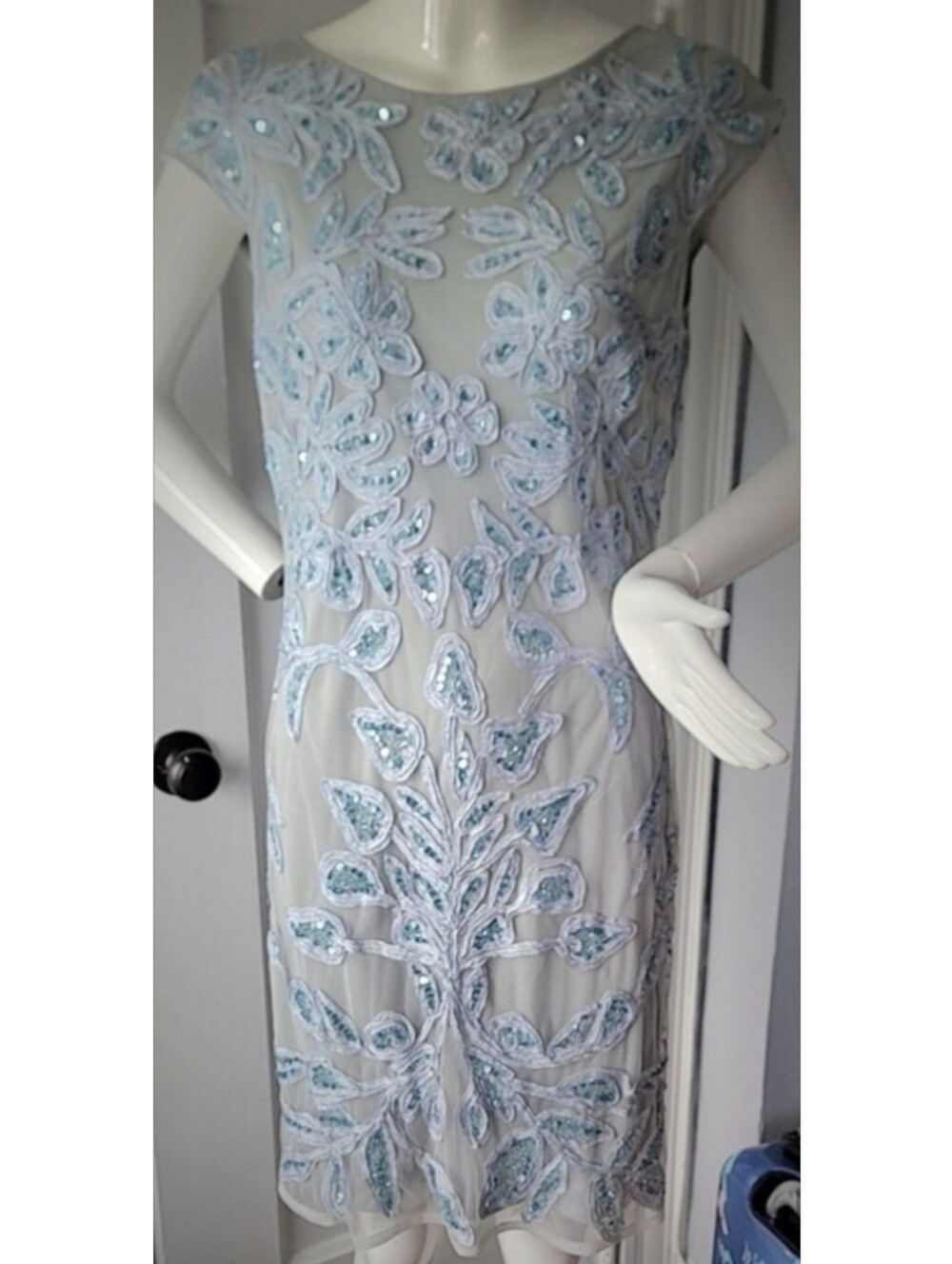 Sheer Embroidered Light Blue Floral Cocktail Dress
